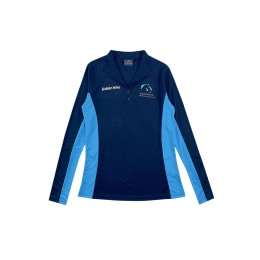 Order royal blue long-sleeved Polo shirt online, women's style, half-chest zipper design, contrasting color on the side of the shirt, printed LOGO P1563 Order royal blue long-sleeved Polo shirt online, women's style, half-chest zipper design, contrasting color on the side of the shirt, printed LOGO P1563